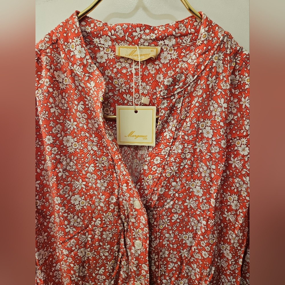 NWT - New Designer "Margaux USA" Floral Tie Waist Midi Shirt Dress - Size XL - Picture 6 of 13